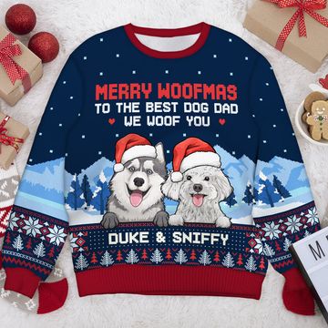 Discover Dear Dog Dad & Dog Mom, We Woof You - Personalized Custom Unisex Ugly Christmas Sweatshirt, Wool Sweatshirt, All-Over-Print Sweatshirt - Gift For Dog Lovers, Pet Lovers, Christmas Gift