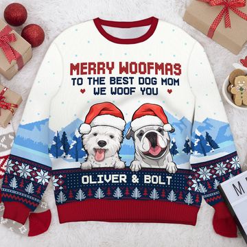 Discover Merry Woofmas To The Best Dog Dad & Dog Mom - Personalized Custom Unisex Ugly Christmas Sweatshirt, Wool Sweatshirt, All-Over-Print Sweatshirt - Gift For Dog Lovers, Pet Lovers, Christmas Gift