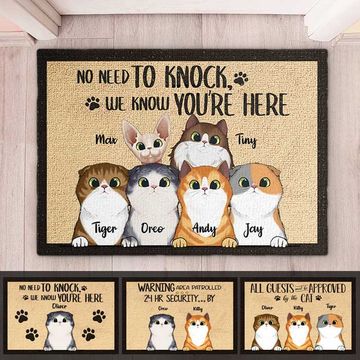 Discover No Need To Knock We Know You're Here Peeking Cat - Funny Personalized Cat Decorative Mat