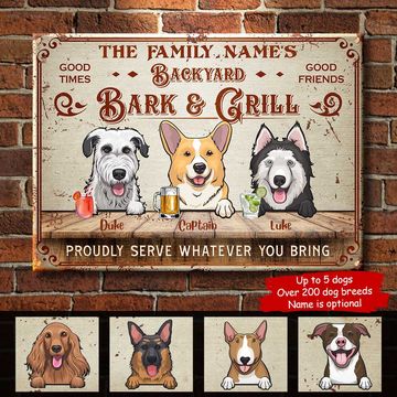 Discover Backyard Bark & Grill - Funny Personalized Dog Metal Sign