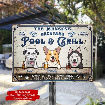 Discover Backyard Pool & Grill - Funny Personalized Dog Metal Sign
