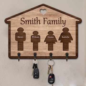Discover Welcome To Our Happy Home - Family Personalized Custom House Shaped Key Hanger, Key Holder - Gift For Family Members