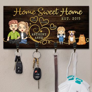 Discover Home Sweet Home Parents, Kids & Pets - Personalized Key Hanger, Key Holder - Anniversary Gifts, Gift For Couples, Husband Wife