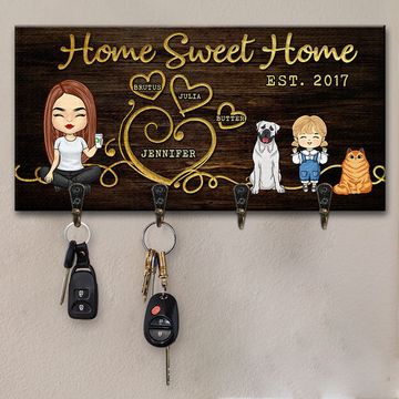 Discover Home Sweet Home Single Parent With Kids & Pets - Personalized Custom Key Hanger, Key Holder - Gift For Family, Gift For Pet Lovers