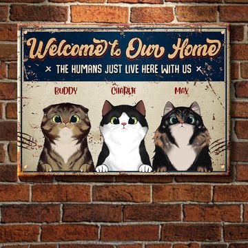 Discover Welcome To Our Home Peeking Cats - Funny Personalized Cat Metal Sign