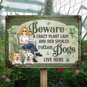 Discover A Crazy Plant Lady & Her Pets Live Here - Dog & Cat Personalized Custom Home Decor Metal Sign - House Warming Gift For Pet Owners, Pet Lovers, Gardening Lovers