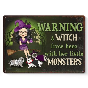 Discover A Witch Lives Here With Her Little Monster - Cat Personalized Custom Home Decor Witch Metal Sign - Halloween Gift For Witches, Yourself, Pet Owners, Pet Lovers