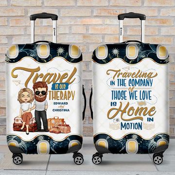 Discover Our Therapy Is Travel - Personalized Luggage Cover - Gift For Couples, Husband Wife