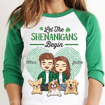 Discover Let The Shenanigans Begin, Couple And Pets Personalized St. Patrick's Day Baseball Tee