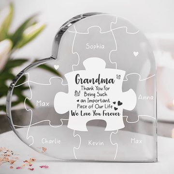 Discover Grandma We Love You To Pieces Family Personalized Custom Heart Shaped Acrylic Plaque