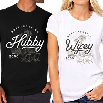 Discover Honeymooning Hubby Wifey Personalized Matching Couple Husband Wife Anniversary Engagement T-Shirt
