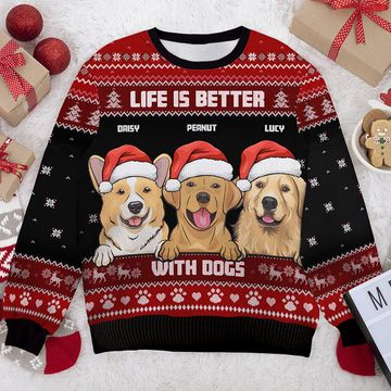 Discover Life Is Better With Dogs Pet Owner Dog Mom Personalized Custom Wool Unisex Ugly Christmas Sweatshirt