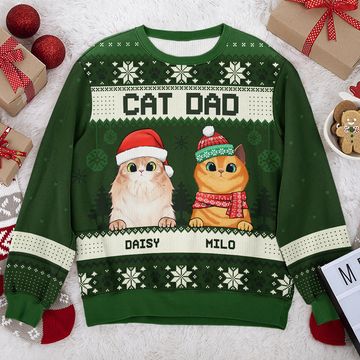 Discover Merry Christmas Cat Dad Cat Mom Personalized Custom Unisex Ugly Xmas Gift Wool Sweatshirt