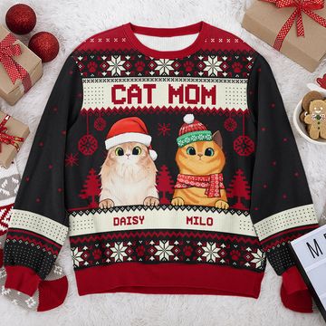 Discover Cat Mom Cat Dad Merry Christmas Personalized Custom Unisex Ugly Xmas Gift Wool Sweatshirt