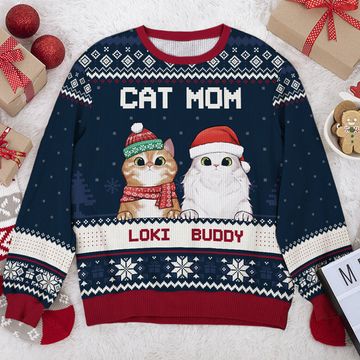 Discover Meowy Christmas Cat Mom Cat Dad Personalized Custom Unisex Ugly Xmas Gift Wool Sweatshirt