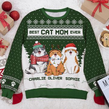 Discover Merry Christmas Best Cat Mom Cat Dad - Cat Personalized Custom Ugly Sweatshirt - Unisex Wool Jumper - Christmas Gift For Pet Owners, Pet Lovers