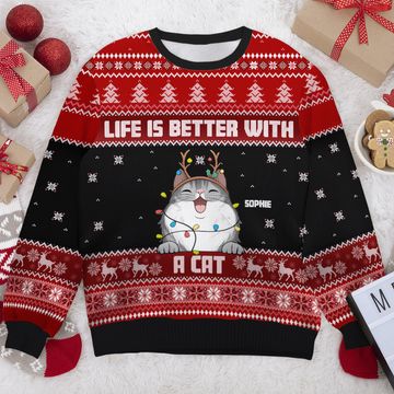 Discover Life Is Better With Cats Christmas Pet Lover Unisex Wool Personalized Jumper Ugly Sweatshirt