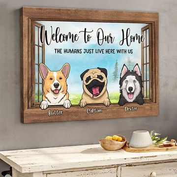 Discover Welcome To Our Home Dogs By The Windows - Personalized Horizontal Canvas