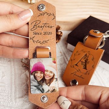 Discover Bestie Since Custom Photo Gift For Friend - Personalized Leather Photo Keychain