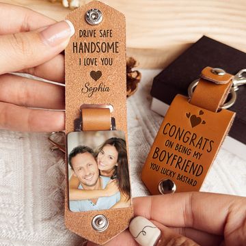 Discover Congrats On Being My Boyfriend - Personalized Leather Photo Keychain