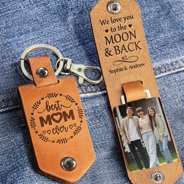 Discover Custom Photo We Love You To The Moon And Back - Personalized Leather Photo Keychain