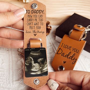 Discover Daddy Can't Wait To Meet You From The Bump - Personalized Leather Photo Keychain