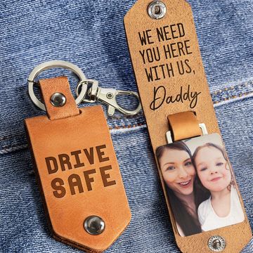 Discover Drive Safe - Personalized Leather Photo Keychain - Birthday Gifts For Men, Husband, Him