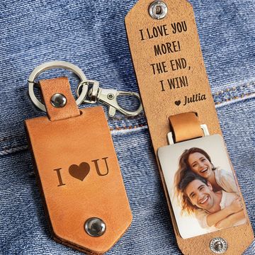 Discover I Love You More! - Personalized Leather Photo Keychain - Gifts For Men, Husband