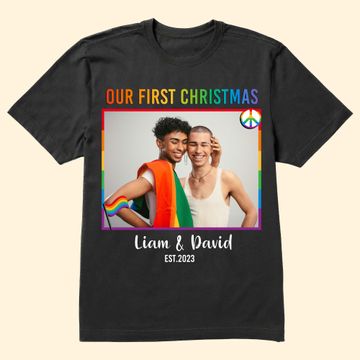 Discover LGBT Couple Our First Christmas - Personalized Photo Matching Couple Shirt