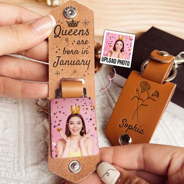 Discover Queens Are Born Month Custom Birthflower - Personalized Leather Photo Keychain