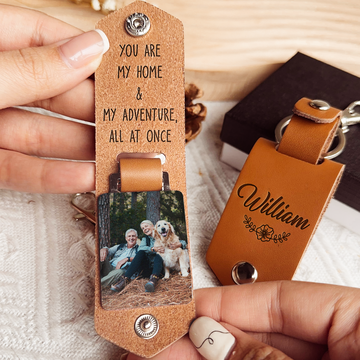 Discover You Are My Home & My Adventure, All At Once - Personalized Leather Photo Keychain