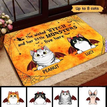 Discover Halloween Wicked Witch And Little Monster Fluffy Cat Personalized Doormat