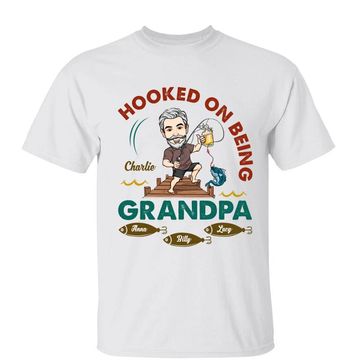 Discover Hooked On Being Grandpa Fishing Caricature Personalized Custom T-Shirt