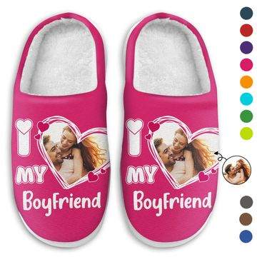 Discover Custom Photo I Love My Boyfriend Girlfriend Gift For Couples Personalized Fluffy Slippers