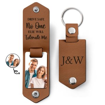 Discover Custom Image Drive Safe Gift For Couples Personalized Leather Photo Keychain