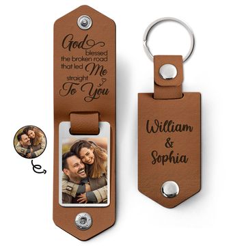 Discover Custom Photo God Blessed The Broken Road Anniversary Gift For Couple Leather Keychains