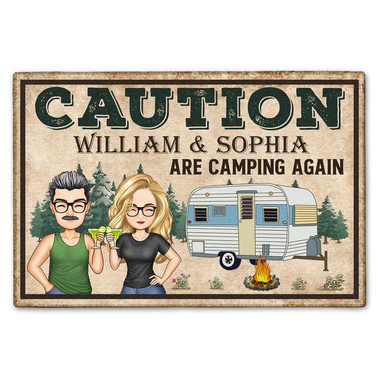 Caution Family Camping Again Custom Traveling Couples Husband Wife Personalized Doormat