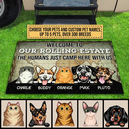 Camping Dog Cat Pet Camper RVs Welcome Rolling Estate Custom Personalized Doormat