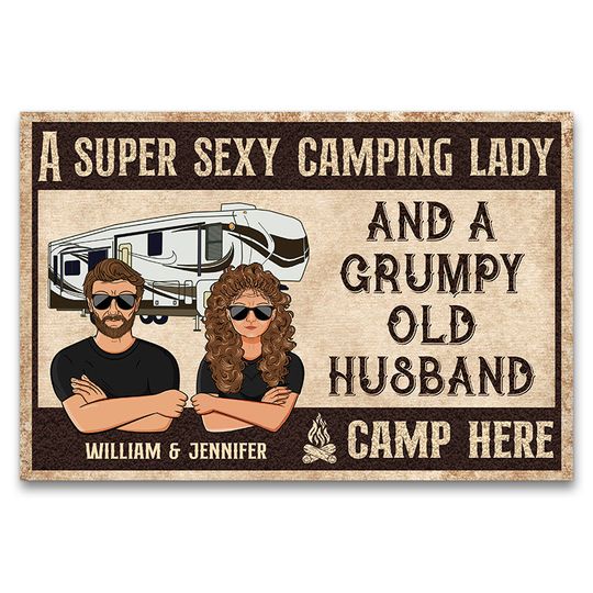 A Super Sexy Camping Lady And A Grumpy Old Husband Camp Here Custom Personalized Doormat